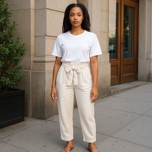 A New Day Womens XL Pants Cream Gauzy Belt Tie‎ Waist High Rise Trousers Baggy